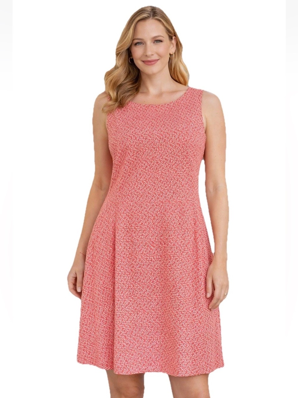 LL Bean Signature Fit‎ Flare Sleeveless Dress Size 16 Cotton Orange White Dots